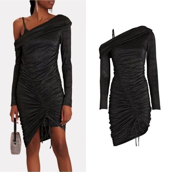NWT Jonathan Simkhai One-Shoulder ruched Sabine Dress in Metallic black - Picture 1 of 12